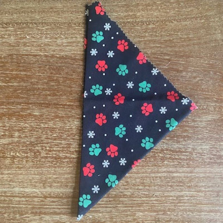 Black Bandana w/ Red & Green Paw Prints & Snowflakes